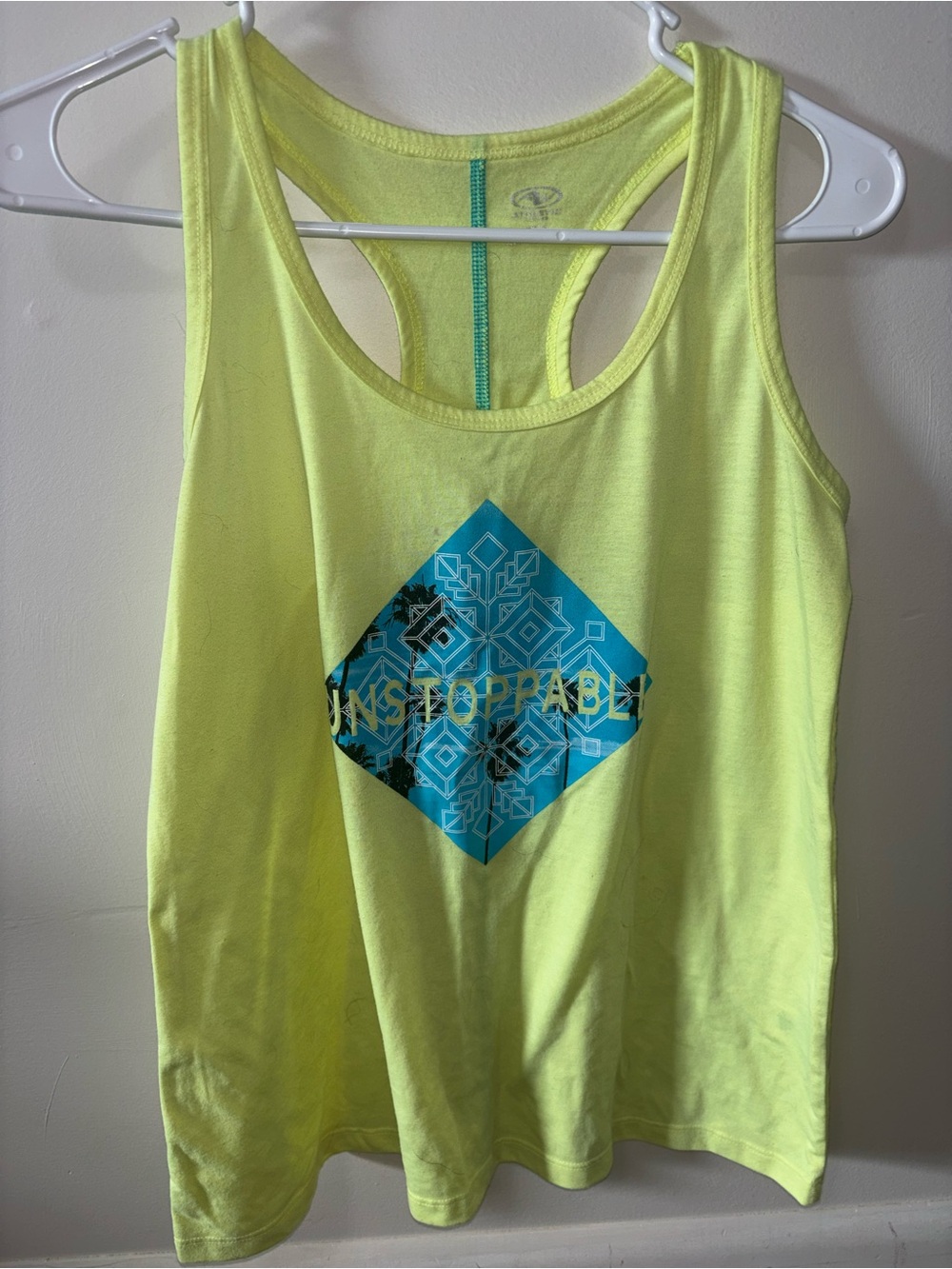 Athletic Works Neon Yellow Racerback Tank with Blue Diamond Graphic